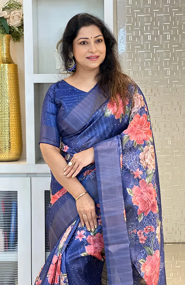 Tanisha_Blue_–_Navratri_Special_|_Soft_Tussar_Silk_Saree_with_Print,_Pallu_&_Zari_Border_&_Contrast_Print_Blouse_with_Tassels