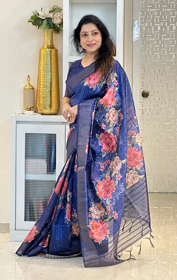 Tanisha_Blue_–_Navratri_Special_|_Soft_Tussar_Silk_Saree_with_Print,_Pallu_&_Zari_Border_&_Contrast_Print_Blouse_with_Tassels