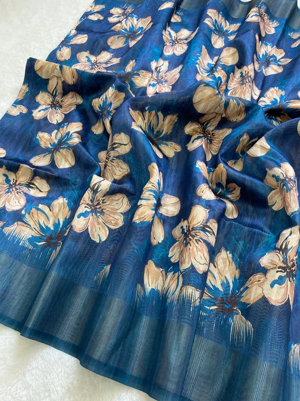Soft_Tussar_Silk_sarees_with_Beautiful_Print_With_Attractive_Pallu_&_Zari_Border_And_Contrast_Print_Blouse_With_Tassels