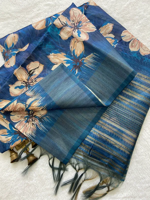 Soft_Tussar_Silk_sarees_with_Beautiful_Print_With_Attractive_Pallu_&_Zari_Border_And_Contrast_Print_Blouse_With_Tassels