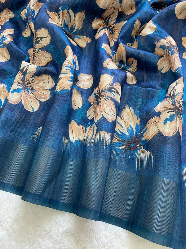 Soft_Tussar_Silk_sarees_with_Beautiful_Print_With_Attractive_Pallu_&_Zari_Border_And_Contrast_Print_Blouse_With_Tassels