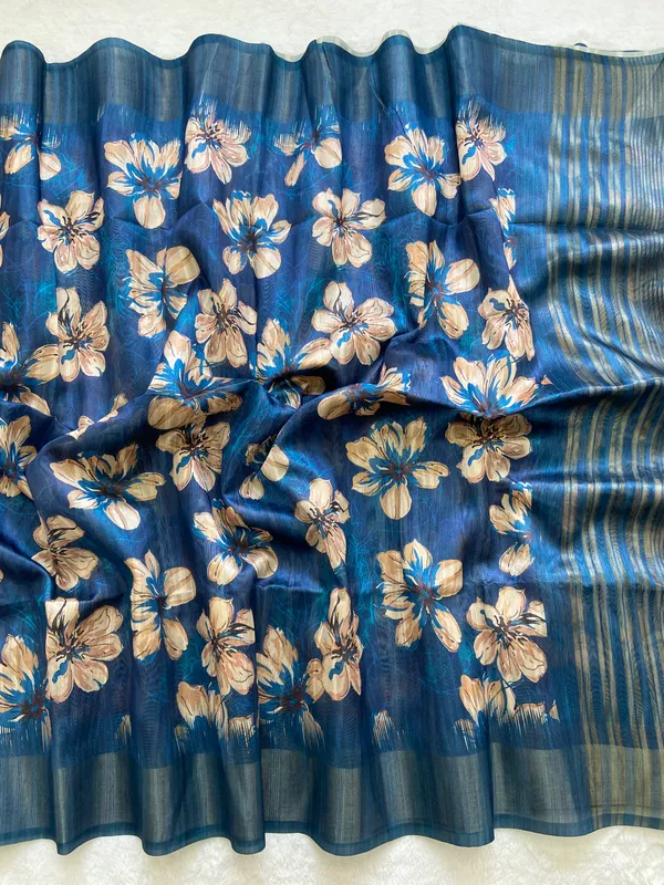 Soft_Tussar_Silk_sarees_with_Beautiful_Print_With_Attractive_Pallu_&_Zari_Border_And_Contrast_Print_Blouse_With_Tassels