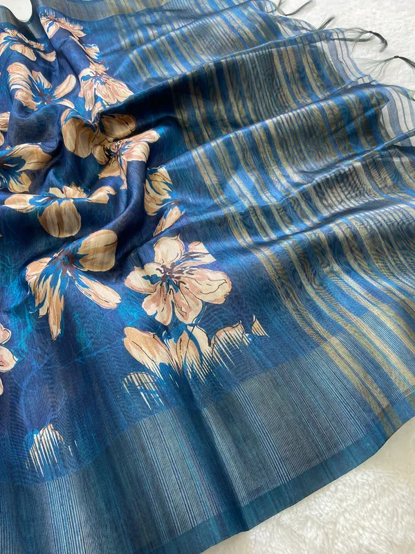 Soft_Tussar_Silk_sarees_with_Beautiful_Print_With_Attractive_Pallu_&_Zari_Border_And_Contrast_Print_Blouse_With_Tassels