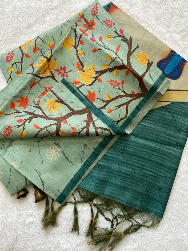 Indira_Rama_Green_–_Prosperous_Navratri_Special_|_Soft_Tussar_Silk_Saree_with_Print,_Zari_Line_Saree_&_Print_Blouse_with_Tassels