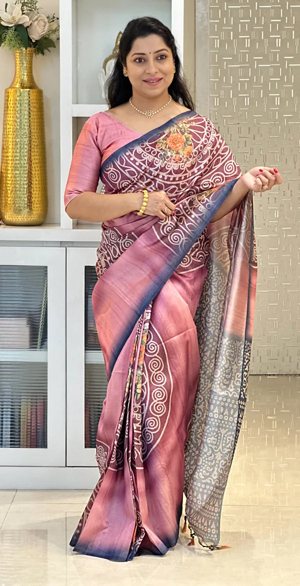 Soft_Tussar_Silk_sarees_with_Beautiful_Print_With_Attractive_Zari_Line_Saree_And_Print_Blouse_With_Tassels