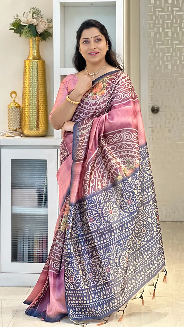 Soft_Tussar_Silk_sarees_with_Beautiful_Print_With_Attractive_Zari_Line_Saree_And_Print_Blouse_With_Tassels