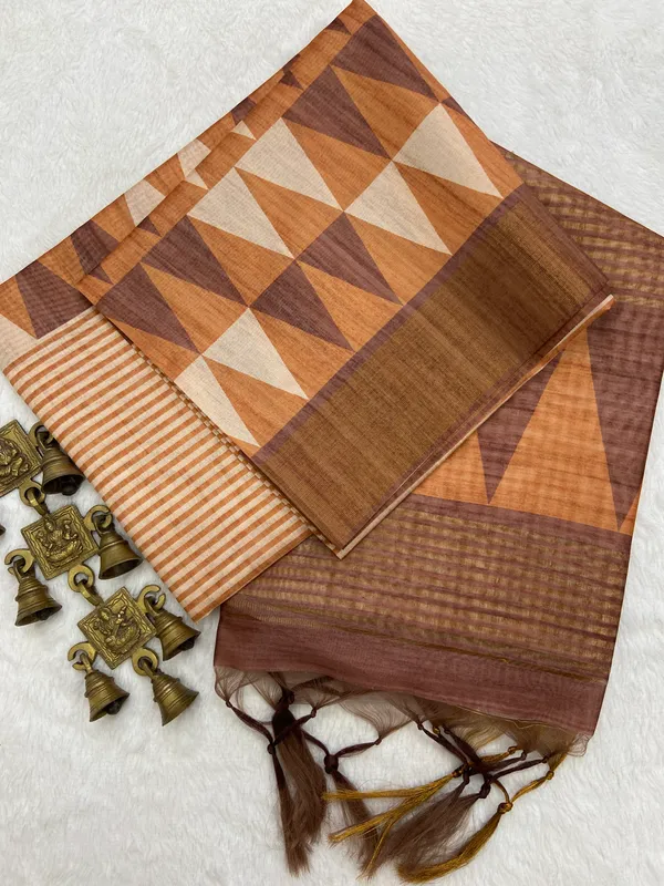 Janki_Coffee_Brown_–_Graceful_Aesthetic_Edit_for_You_|_Soft_Tussar_Silk_Saree_with_Print,_Border_&_Contrast_Print_Blouse_with_Tassels
