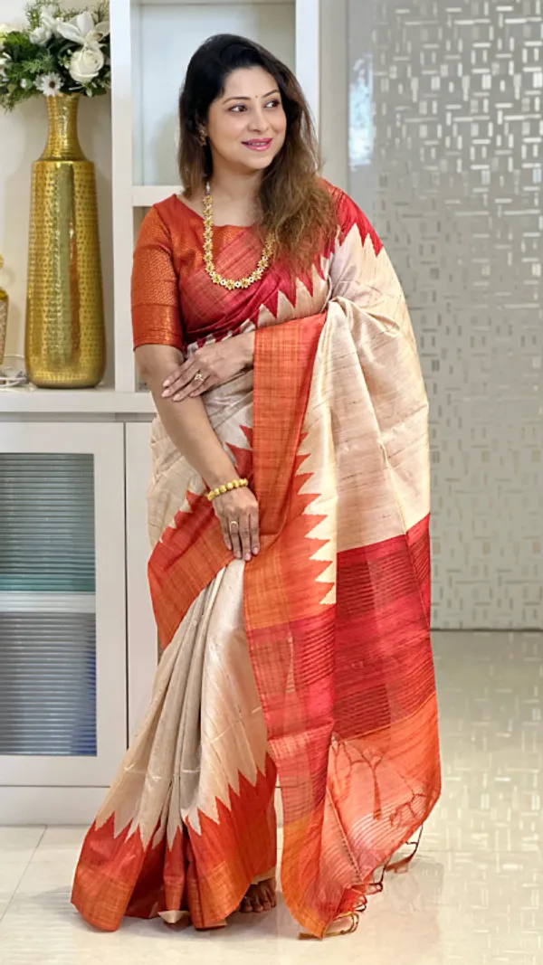 Temple_Tussar_2_Orange_&_Pink_–_Temple_Border_Diwali_Special_|_Soft_Tussar_Silk_Saree_with_Print,_Temple_Border_&_Contrast_Print_Blouse_with_Tassels
