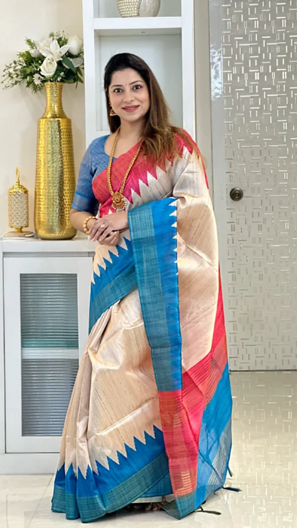 Temple_Tussar_2_Blue_&_Pink_–_Temple_Border_Festive_Season_Special_|_Soft_Tussar_Silk_Saree_with_Print,_Temple_Border_&_Contrast_Print_Blouse
