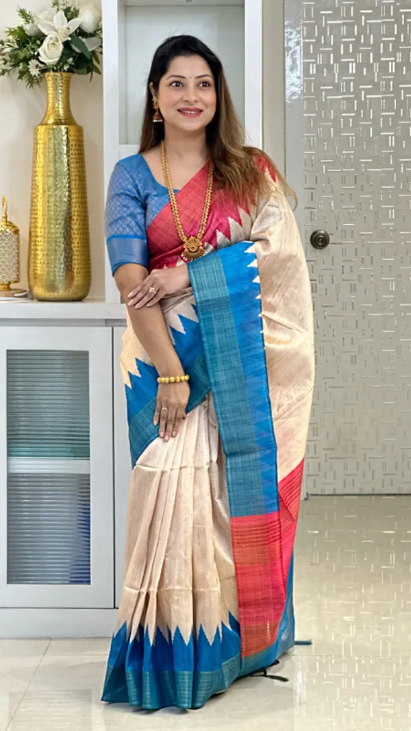 Temple_Tussar_2_Blue_&_Pink_–_Temple_Border_Festive_Season_Special_|_Soft_Tussar_Silk_Saree_with_Print,_Temple_Border_&_Contrast_Print_Blouse