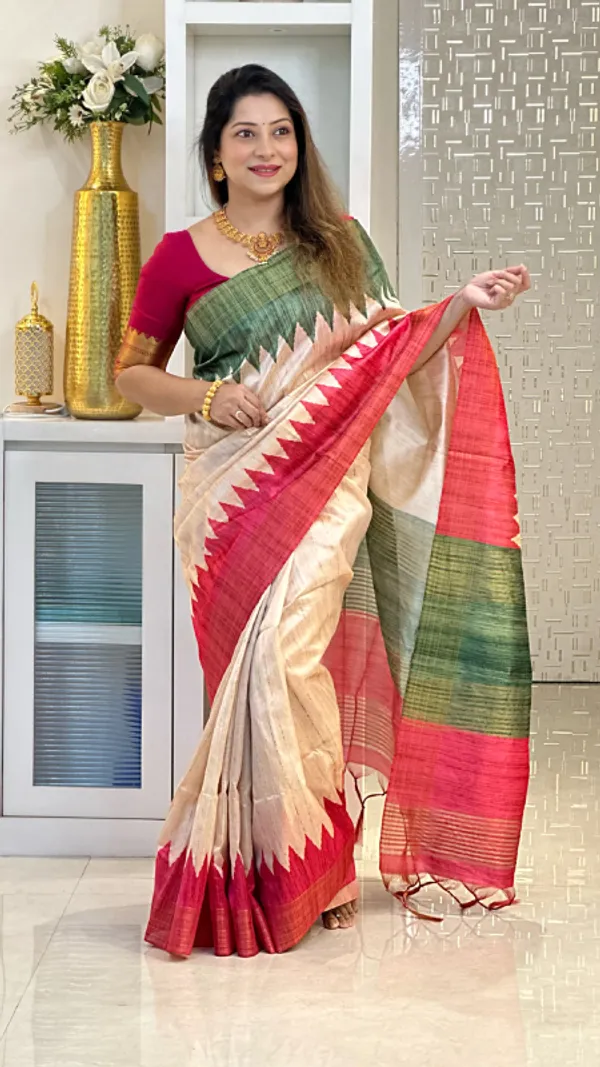 Soft_Tussar_Silk_sarees_with_Beautiful__Print_With_Attractive_Temple_Border_And_Contrast_Print_Blouse_With_Tassels_in_new_styles