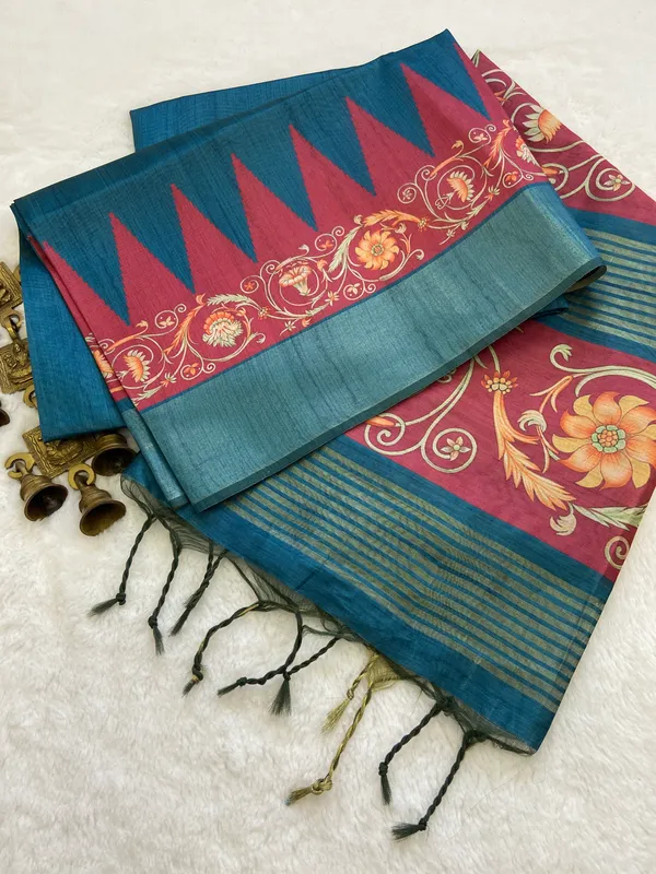 Rani_Rama_Green_–_Queenly_Navratri_Special_|_Soft_Tussar_Silk_Saree_with_Print,_Border_&_Contrast_Print_Blouse
