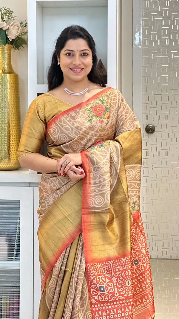 Navi_Red_&_Mustard_–_Fresh_Diwali_Special_|_Soft_Tussar_Silk_Saree_with_Print,_Zari_Line_Saree_&_Print_Blouse_with_Tassels