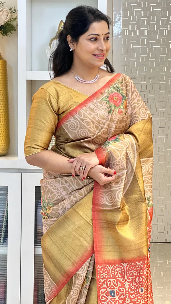 Navi_Red_&_Mustard_–_Fresh_Diwali_Special_|_Soft_Tussar_Silk_Saree_with_Print,_Zari_Line_Saree_&_Print_Blouse_with_Tassels