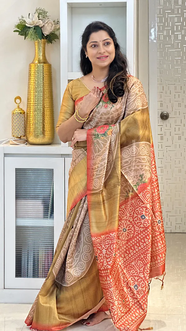 Navi_Red_&_Mustard_–_Fresh_Diwali_Special_|_Soft_Tussar_Silk_Saree_with_Print,_Zari_Line_Saree_&_Print_Blouse_with_Tassels