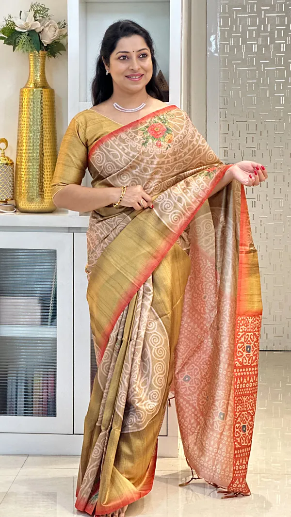 Navi_Red_&_Mustard_–_Fresh_Diwali_Special_|_Soft_Tussar_Silk_Saree_with_Print,_Zari_Line_Saree_&_Print_Blouse_with_Tassels