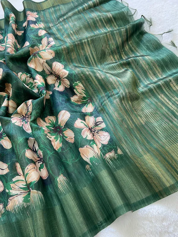 Gargi_Green_–_Wise_Navratri_Special_|_Soft_Tussar_Silk_Saree_with_Print,_Pallu_&_Zari_Border_&_Contrast_Print_Blouse_with_Tassels
