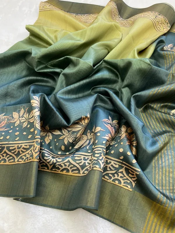 Lakshmi_Lunar_Green_–_Auspicious_Diwali_Special_|_Soft_Tussar_Silk_Saree_with_Print,_Border_&_Contrast_Print_Blouse_with_Tassels