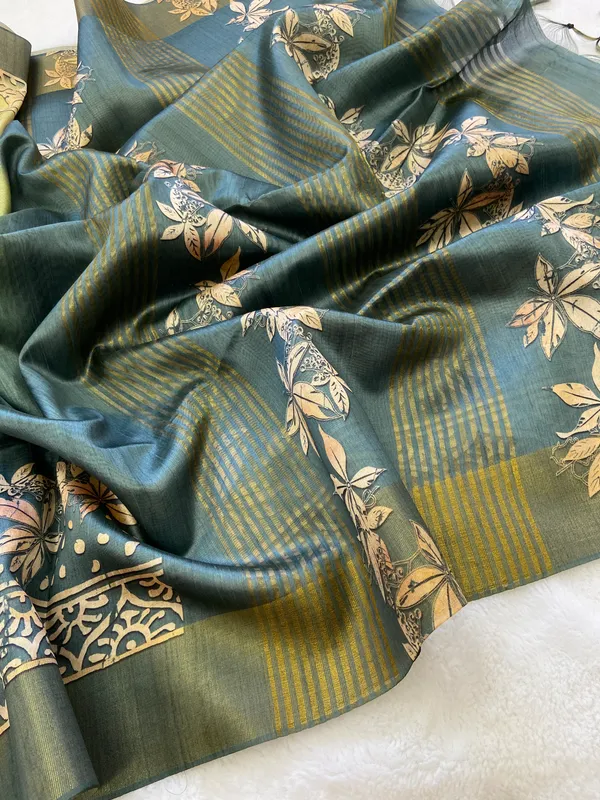 Lakshmi_Lunar_Green_–_Auspicious_Diwali_Special_|_Soft_Tussar_Silk_Saree_with_Print,_Border_&_Contrast_Print_Blouse_with_Tassels