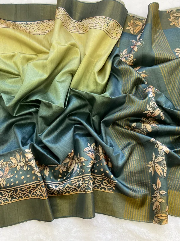 Lakshmi_Lunar_Green_–_Auspicious_Diwali_Special_|_Soft_Tussar_Silk_Saree_with_Print,_Border_&_Contrast_Print_Blouse_with_Tassels