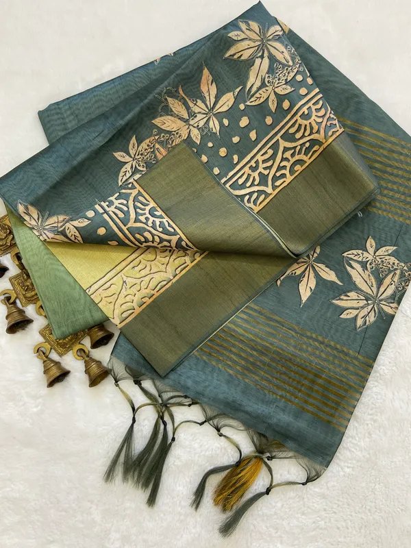 Lakshmi_Lunar_Green_–_Auspicious_Diwali_Special_|_Soft_Tussar_Silk_Saree_with_Print,_Border_&_Contrast_Print_Blouse_with_Tassels