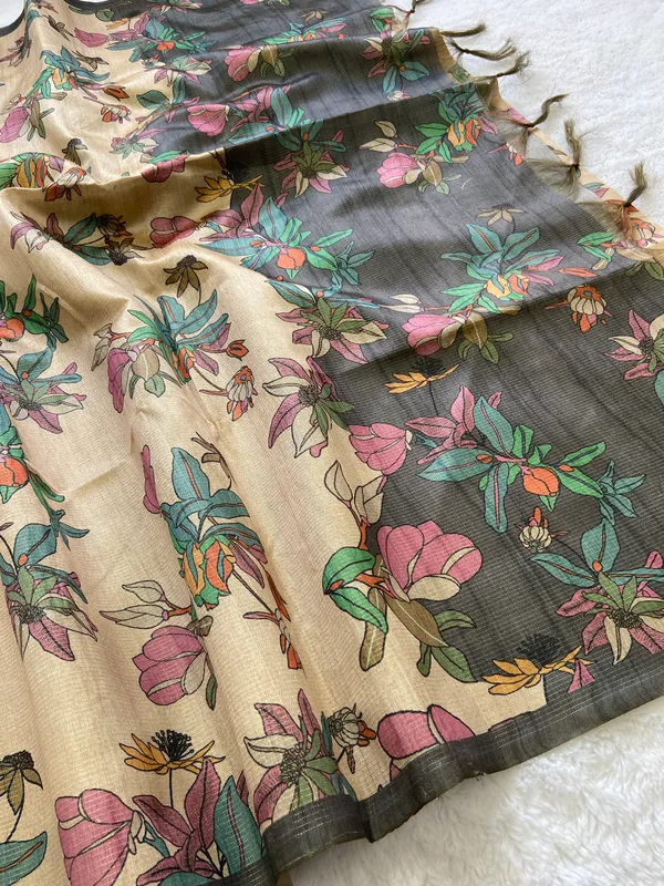 Soft_Tussar_Silk_sarees_with_Beautiful_Print_With_Attractive_Zari_Line_Saree_And_Print_Blouse_With_Tassels