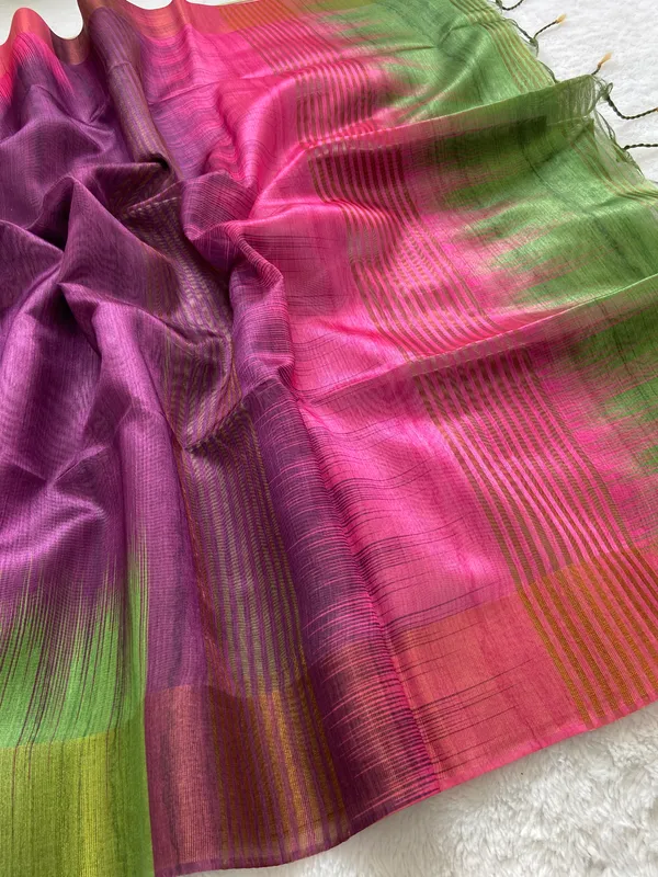 Binita_Green_&_Wine_–_Festive_Season_Special_|_Soft_Tussar_Silk_Saree_with_Print,_Pallu_&_Contrast_Print_Blouse_with_Tassels