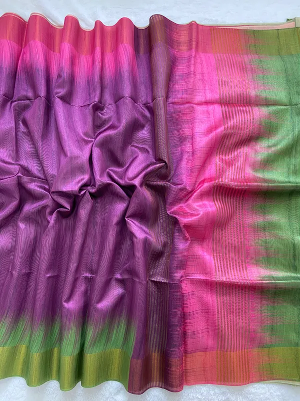 Binita_Green_&_Wine_–_Festive_Season_Special_|_Soft_Tussar_Silk_Saree_with_Print,_Pallu_&_Contrast_Print_Blouse_with_Tassels