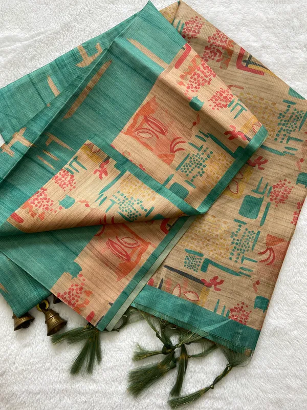 Gayatri_Rama_Green_–_Sacred_Navratri_Special_|_Soft_Tussar_Silk_Saree_with_Print,_Pallu_&_Contrast_Print_Blouse_with_Tassels