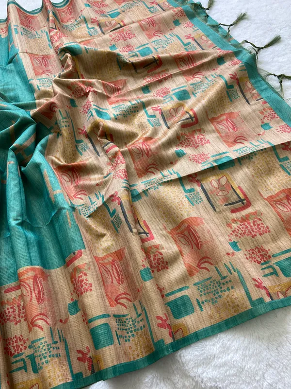 Gayatri_Rama_Green_–_Sacred_Navratri_Special_|_Soft_Tussar_Silk_Saree_with_Print,_Pallu_&_Contrast_Print_Blouse_with_Tassels