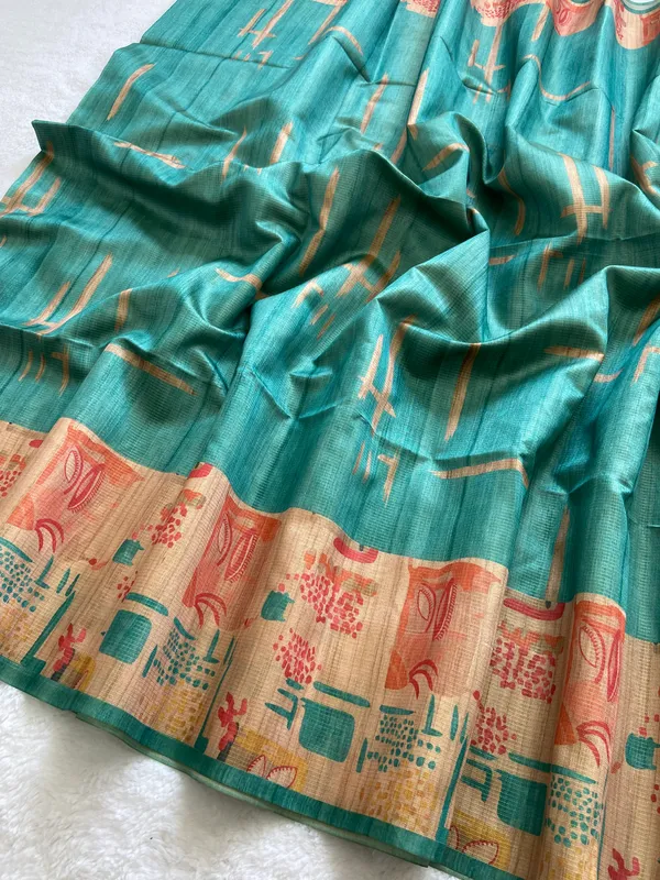 Gayatri_Rama_Green_–_Sacred_Navratri_Special_|_Soft_Tussar_Silk_Saree_with_Print,_Pallu_&_Contrast_Print_Blouse_with_Tassels