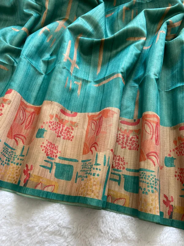 Gayatri_Rama_Green_–_Sacred_Navratri_Special_|_Soft_Tussar_Silk_Saree_with_Print,_Pallu_&_Contrast_Print_Blouse_with_Tassels
