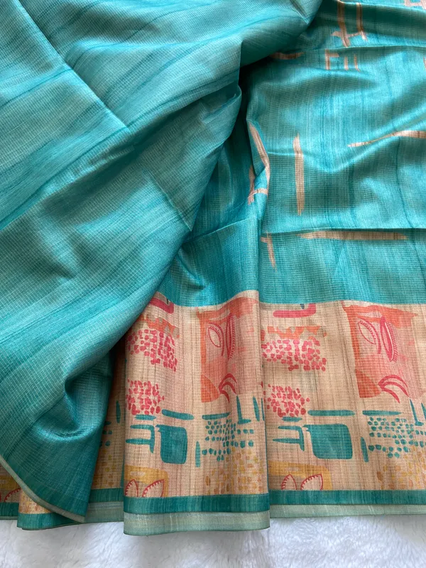 Gayatri_Rama_Green_–_Sacred_Navratri_Special_|_Soft_Tussar_Silk_Saree_with_Print,_Pallu_&_Contrast_Print_Blouse_with_Tassels