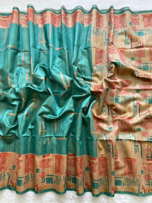 Gayatri_Rama_Green_–_Sacred_Navratri_Special_|_Soft_Tussar_Silk_Saree_with_Print,_Pallu_&_Contrast_Print_Blouse_with_Tassels
