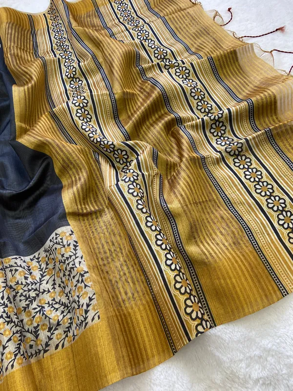 Soft_Tussar_Silk_sarees_with_Beautiful_Print_With_Attractive_Border_And_Contrast_Print_Blouse_With_Tassels
