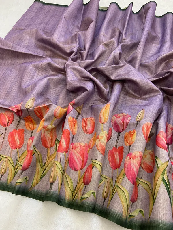 Rakhi_Wine_–_Diwali_Special_|_Soft_Tussar_Silk_Saree_with_Print,_Border_&_Contrast_Print_Blouse_with_Tassels