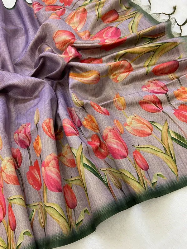 Rakhi_Wine_–_Diwali_Special_|_Soft_Tussar_Silk_Saree_with_Print,_Border_&_Contrast_Print_Blouse_with_Tassels
