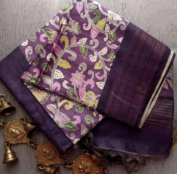 Januja_Wine_–_Diwali_Special_|_Soft_Tussar_Silk_Saree_with_Print,_Border_&_Contrast_Print_Blouse_with_Tassels