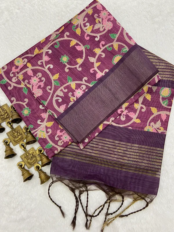 Januja_Wine_–_Diwali_Special_|_Soft_Tussar_Silk_Saree_with_Print,_Border_&_Contrast_Print_Blouse_with_Tassels