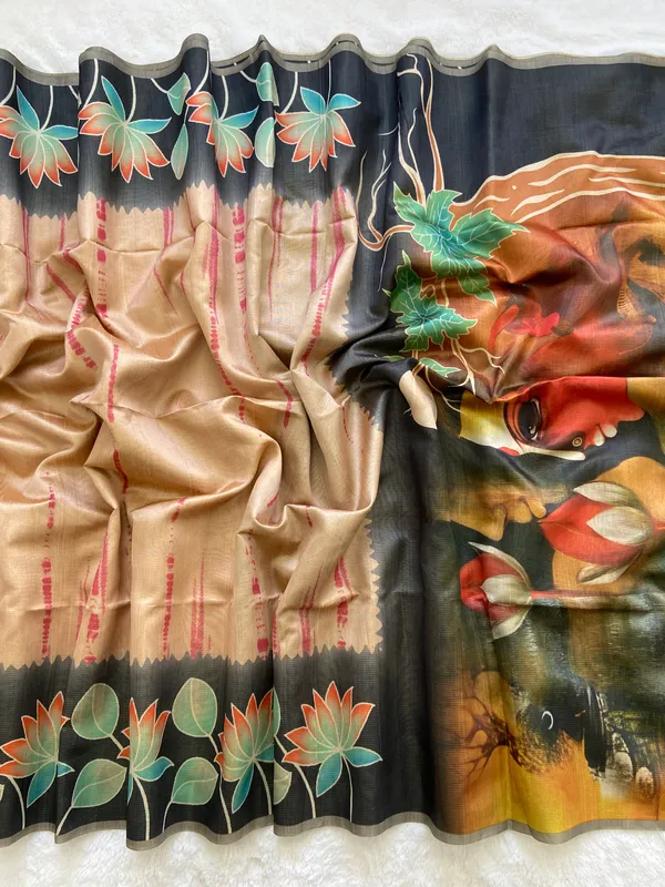 Nehal_Grey_–_Aesthetic_Edit_for_You_|_Soft_Tussar_Silk_Saree_with_Print,_Border_&_Contrast_Print_Blouse_with_Tassels