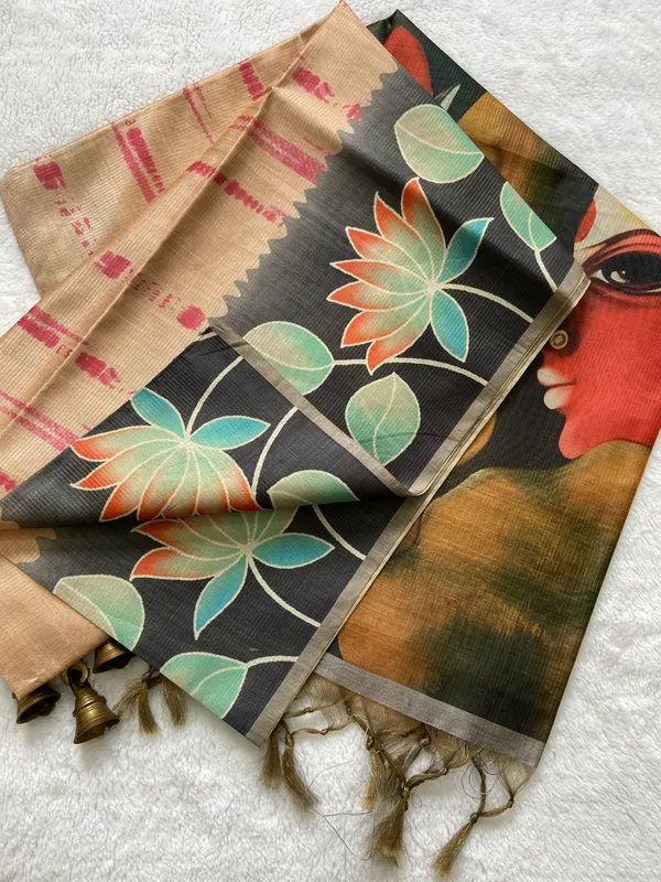 Nehal_Grey_–_Aesthetic_Edit_for_You_|_Soft_Tussar_Silk_Saree_with_Print,_Border_&_Contrast_Print_Blouse_with_Tassels
