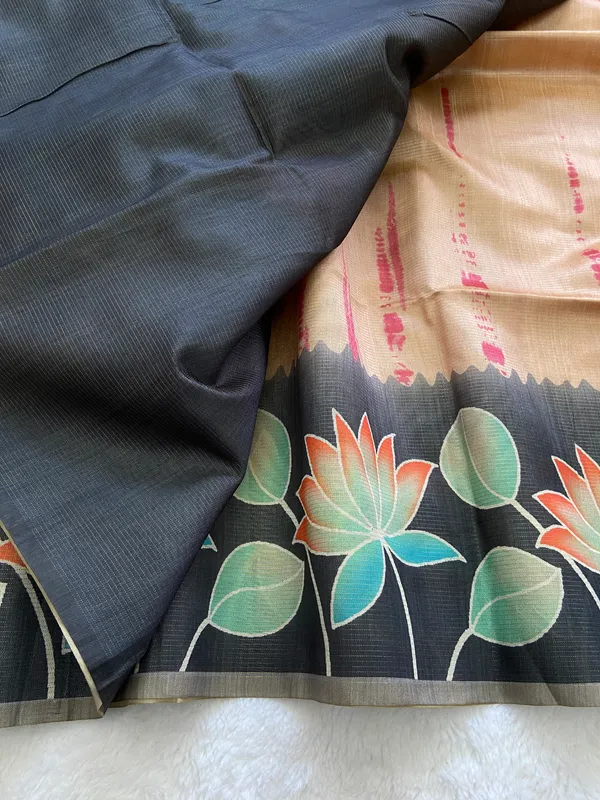 Nehal_Grey_–_Aesthetic_Edit_for_You_|_Soft_Tussar_Silk_Saree_with_Print,_Border_&_Contrast_Print_Blouse_with_Tassels