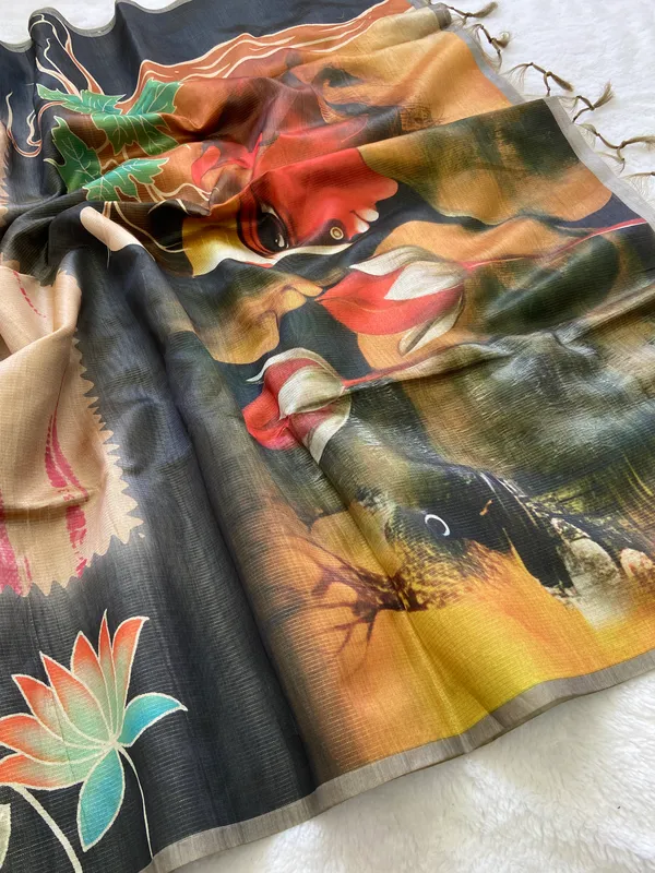 Nehal_Grey_–_Aesthetic_Edit_for_You_|_Soft_Tussar_Silk_Saree_with_Print,_Border_&_Contrast_Print_Blouse_with_Tassels