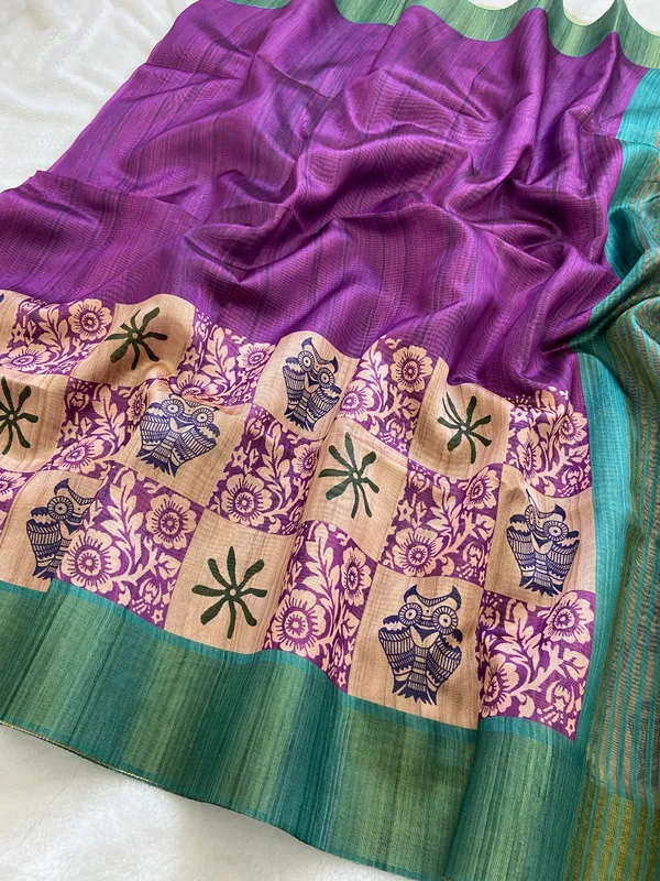 Arya_Rama_Green_–_Noble_Navratri_Special_|_Soft_Tussar_Silk_Saree_with_Print,_Zari_Line_Saree_&_Print_Blouse_with_Tassels