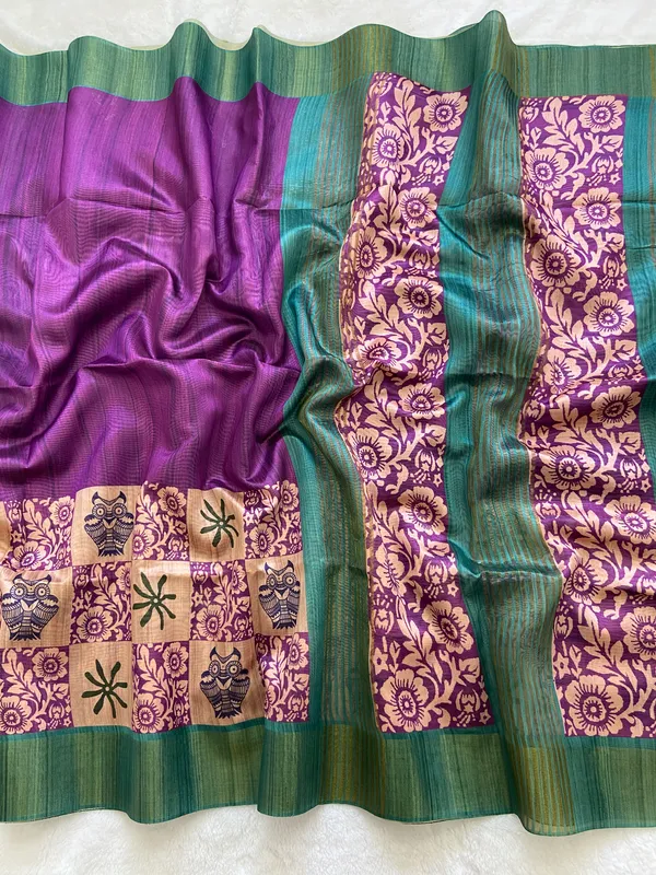 Arya_Rama_Green_–_Noble_Navratri_Special_|_Soft_Tussar_Silk_Saree_with_Print,_Zari_Line_Saree_&_Print_Blouse_with_Tassels