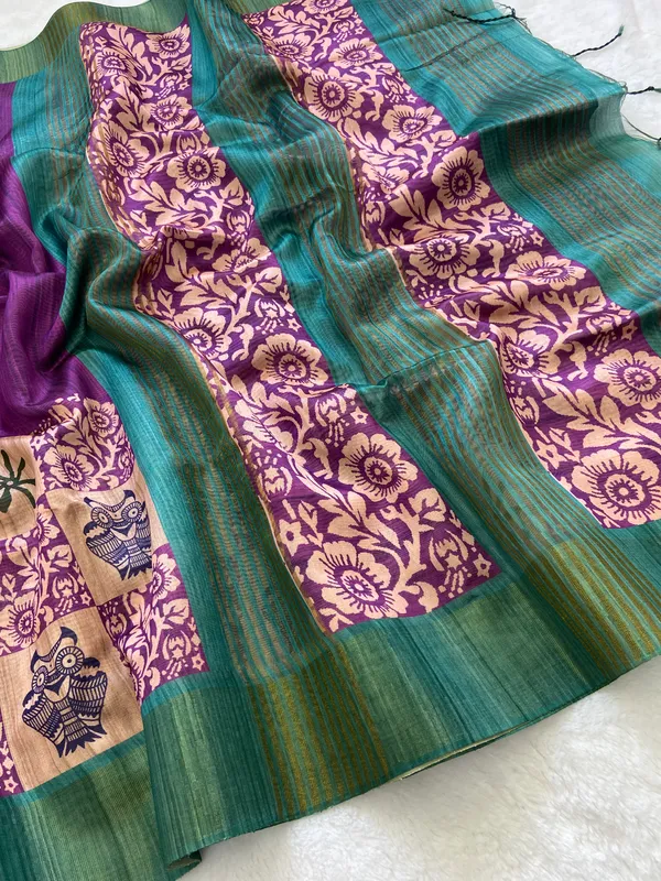 Arya_Rama_Green_–_Noble_Navratri_Special_|_Soft_Tussar_Silk_Saree_with_Print,_Zari_Line_Saree_&_Print_Blouse_with_Tassels