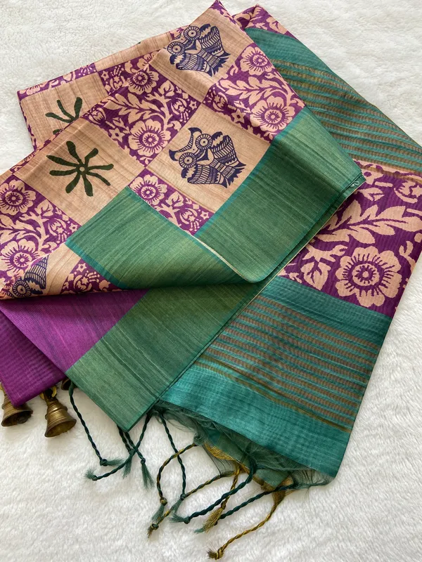 Arya_Rama_Green_–_Noble_Navratri_Special_|_Soft_Tussar_Silk_Saree_with_Print,_Zari_Line_Saree_&_Print_Blouse_with_Tassels