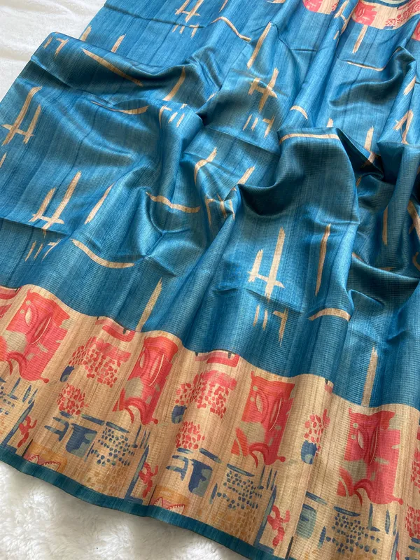 Soft_Tussar_Silk_sarees_with_Beautiful_Print_With_Attractive_Pallu_And_Contrast_Print_Blouse_With_Tassels