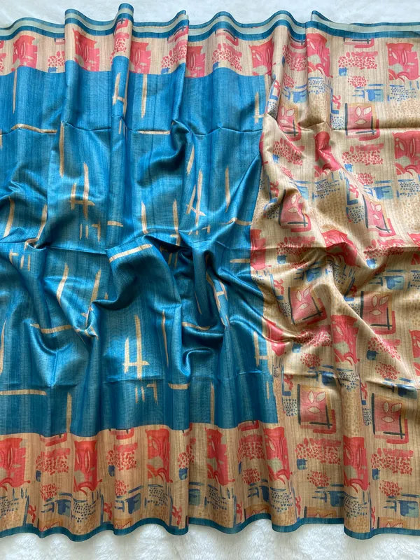 Soft_Tussar_Silk_sarees_with_Beautiful_Print_With_Attractive_Pallu_And_Contrast_Print_Blouse_With_Tassels