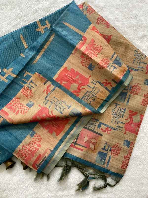 Soft_Tussar_Silk_sarees_with_Beautiful_Print_With_Attractive_Pallu_And_Contrast_Print_Blouse_With_Tassels